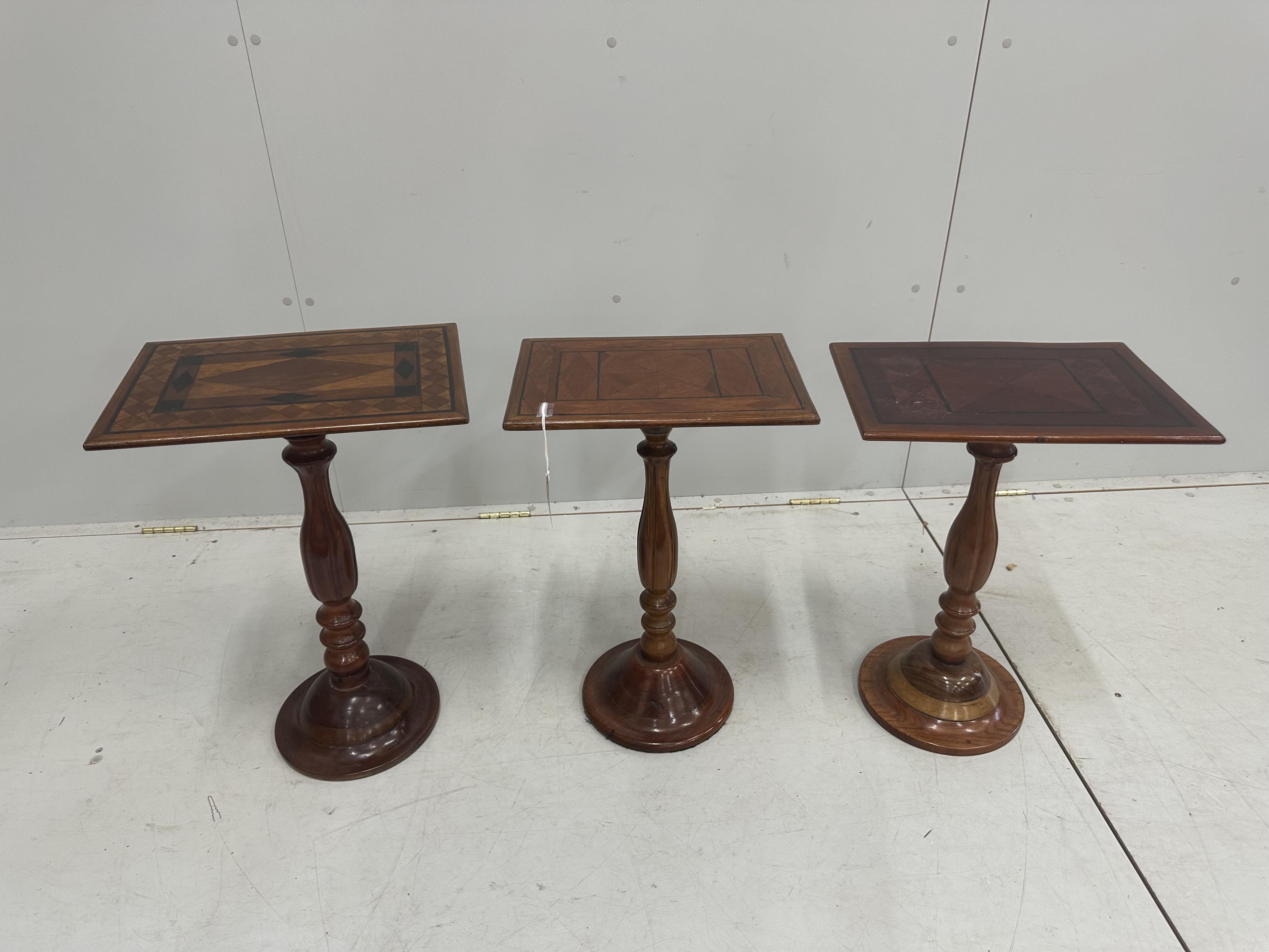 Three Victorian style rectangular parquetry wine tables, largest 40cm, depth 29cm, height 59cm. Condition - fair